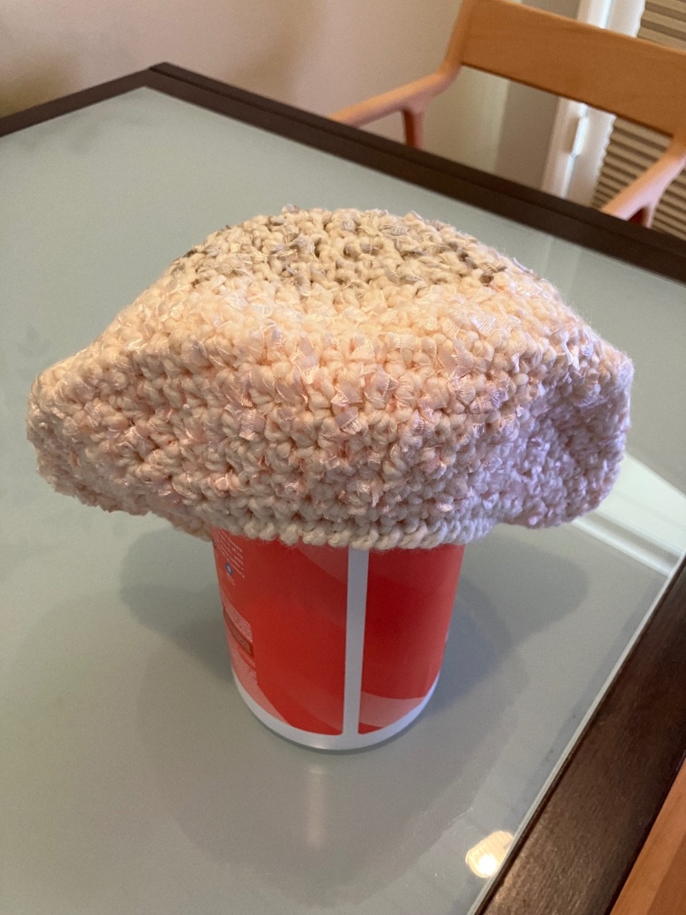 Wool and silk beret in pretty light pink and cream